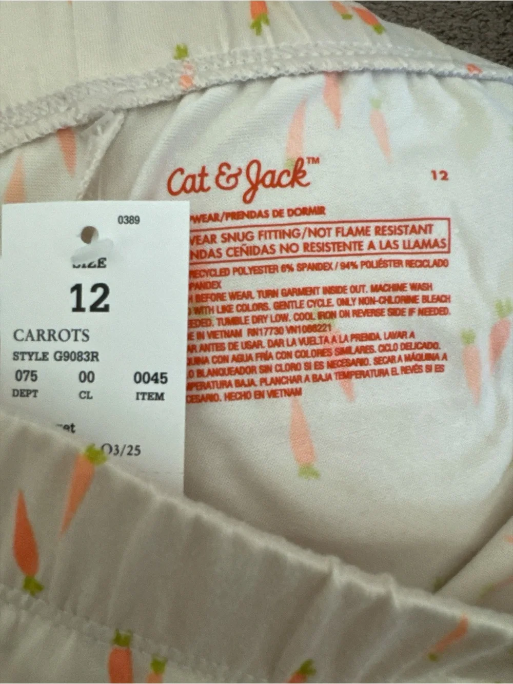 Cat & Jack Kids Size 12 Carrot Print Pajama Set 2pc NWT Short Sleeve